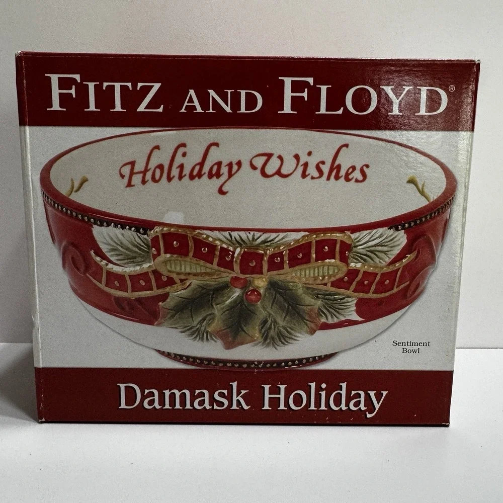 Fitz and Floyd Christmas Sentiment Bowl Damask Holiday New Box